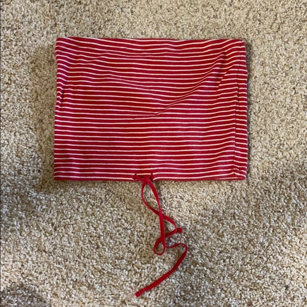 Strapless red and white striped crop top